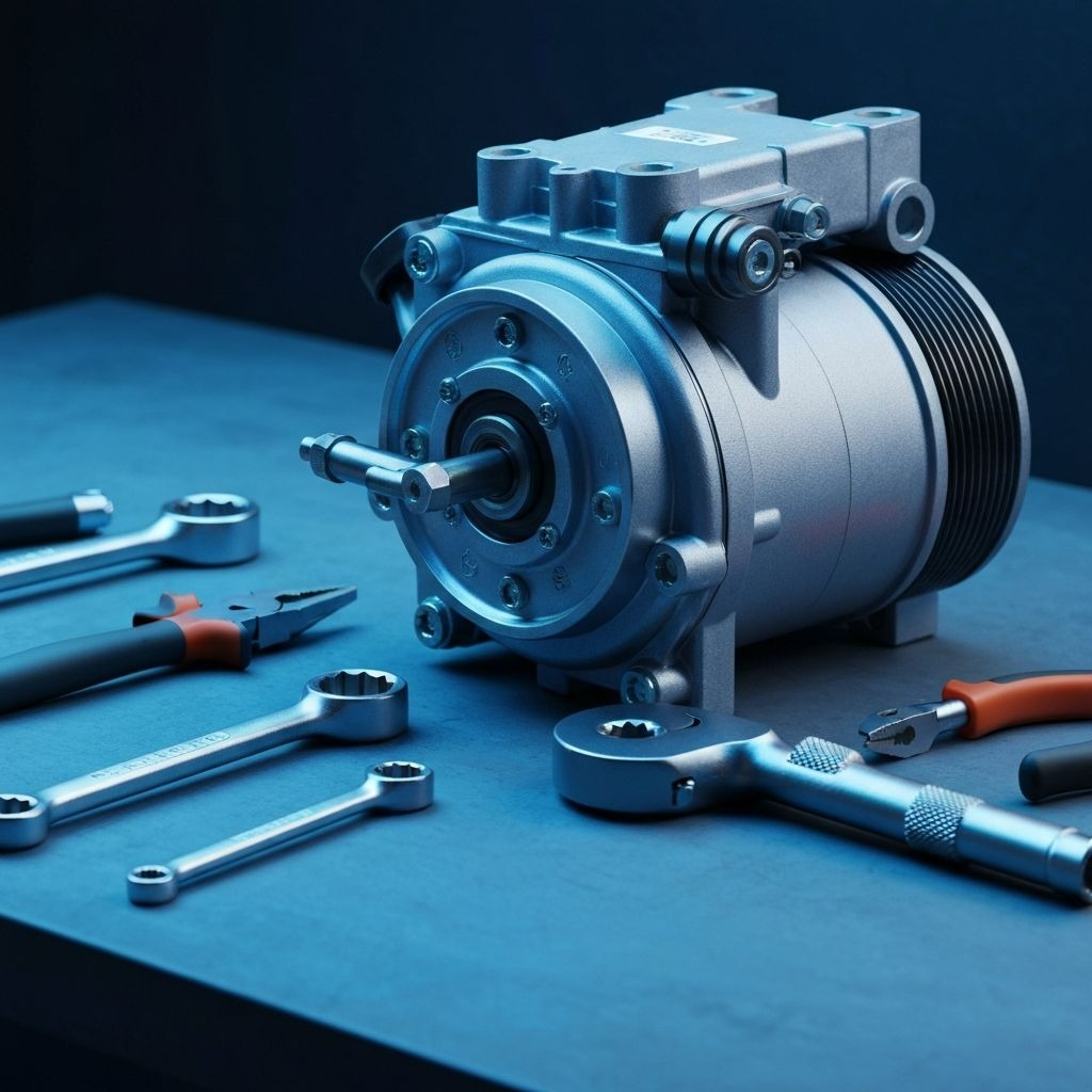 قطعة كمبروسر مكيف سيارة موضوعة على طاولة صيانة