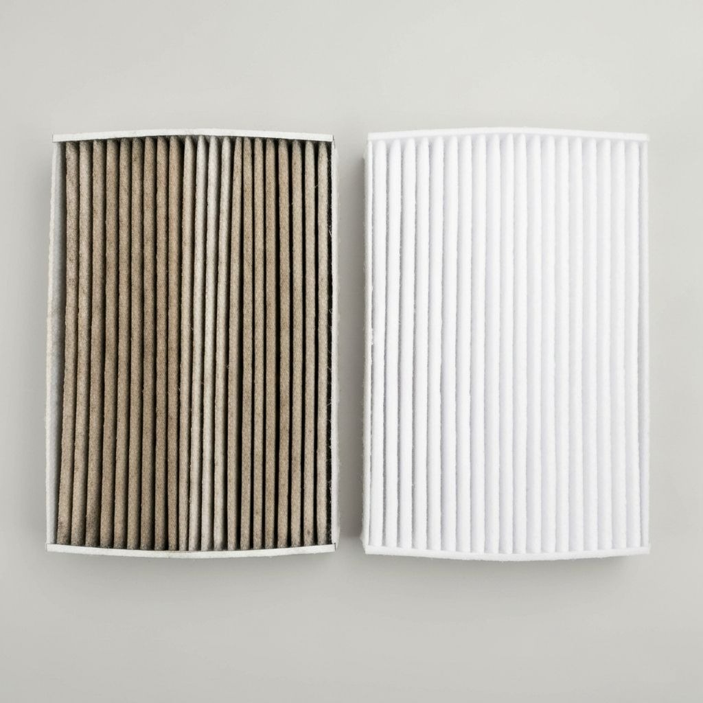 فلتر مقصورة سيارة جديد بجانب فلتر قديم متسخ